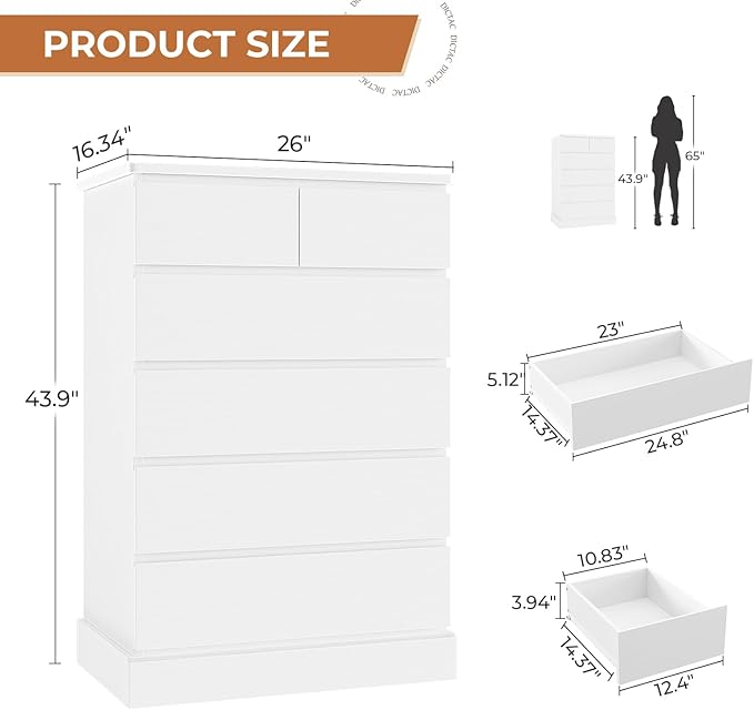 DICTAC White Tall Dresser for Bedroom with 6 Drawers, 43.9" Tall Dressers & Chests of Drawers, Modern Wood Closet Organizer and Storage Cabinet, Large Vertical Dresser for Bedroom, Closet, Hallway