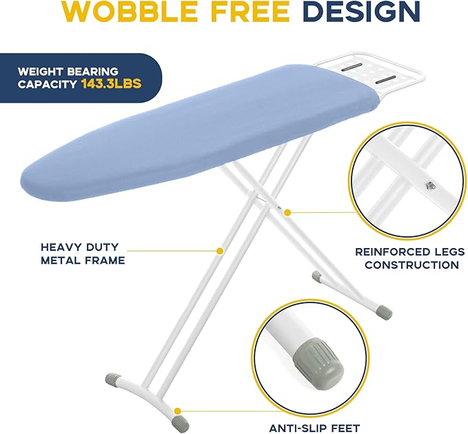 RAINHOL Full Size Ironing Board with Iron Rest, Heavy Duty Compact Ironing Board 43"x13" with Thick Cover and Pad, Height Adjustable Sturdy Iron Stand, Blue