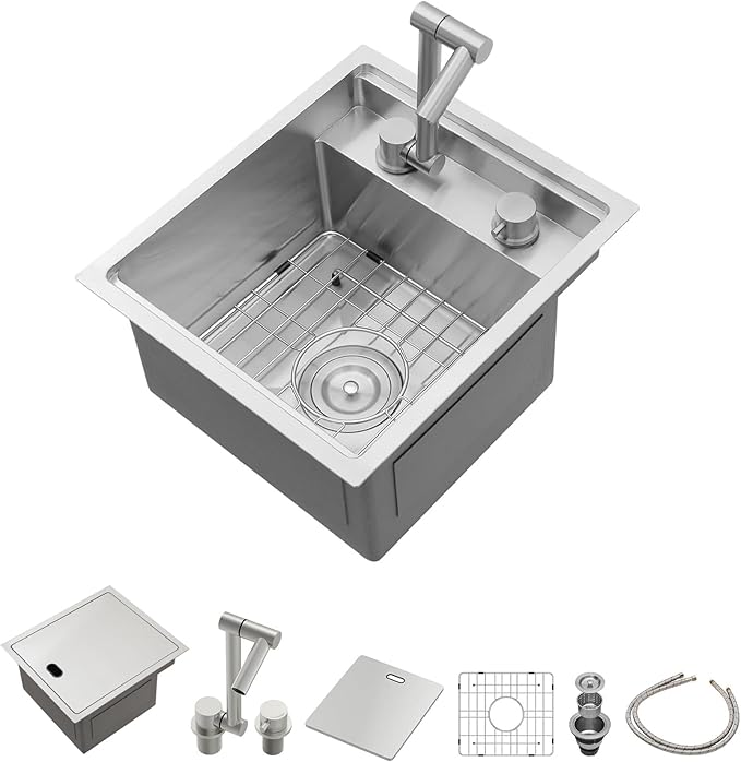 Lordear 15x17 Indoor Outdoor Kitchen Sink with Foldable Faucet Samll Bar Prep 16 Gauge T304 Stainless Steel Single Bowl Basin for Island Camper Wet Bar Prep Mobile Home