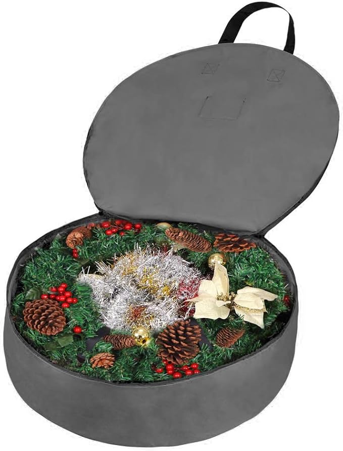 Primode Heavy Duty Wreath Storage Bag Garland Wreaths Container with Handles - Durable 600D Oxford Polyester Material Xmas Holiday Wreaths Storage Holder (30", Gray)