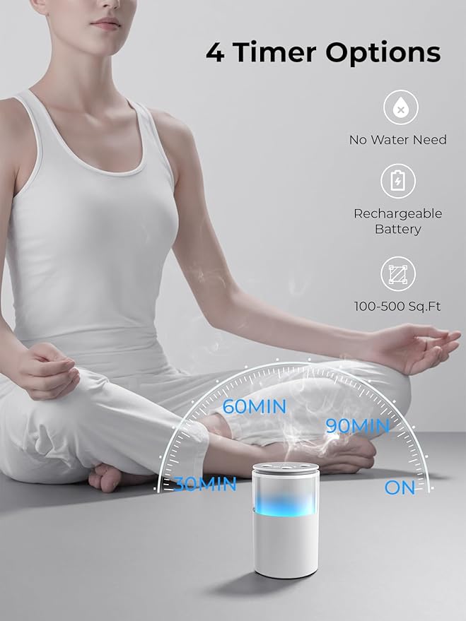 Waterless Diffuser for Essential Oil: Mini Battery Scent Diffuser for Room&Home&Car with 9 Colors LED Light - Aroma Cool Mist Machine Snow White