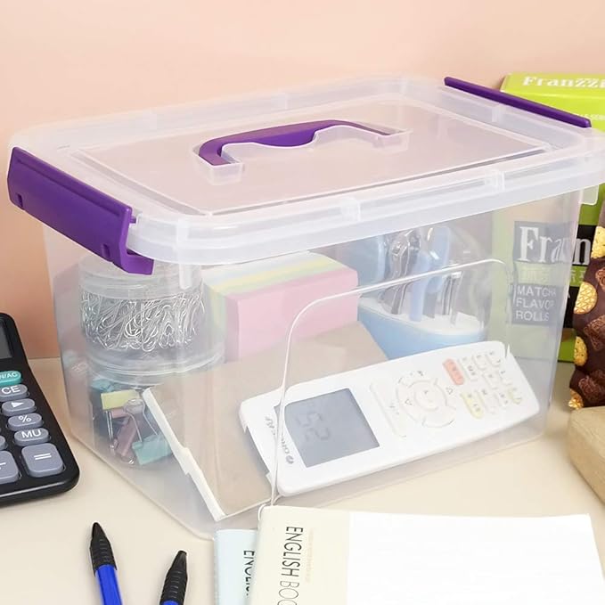 Farmoon 6 Quart Clear Storage Bin, Small Plastic Stackable Box/Cotainer with Lid and Purple Handle, 6 Packs