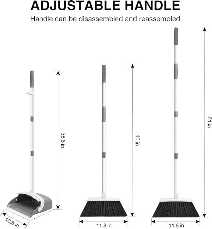NACENA Broom and Dustpan Set, 52-in Long Adjustable Handle Broom Dustpan Combo with Dustpan Teeth to Automatically Clean Hair Suitable for Home Kitchen Office Hall Floor(Grey&White)