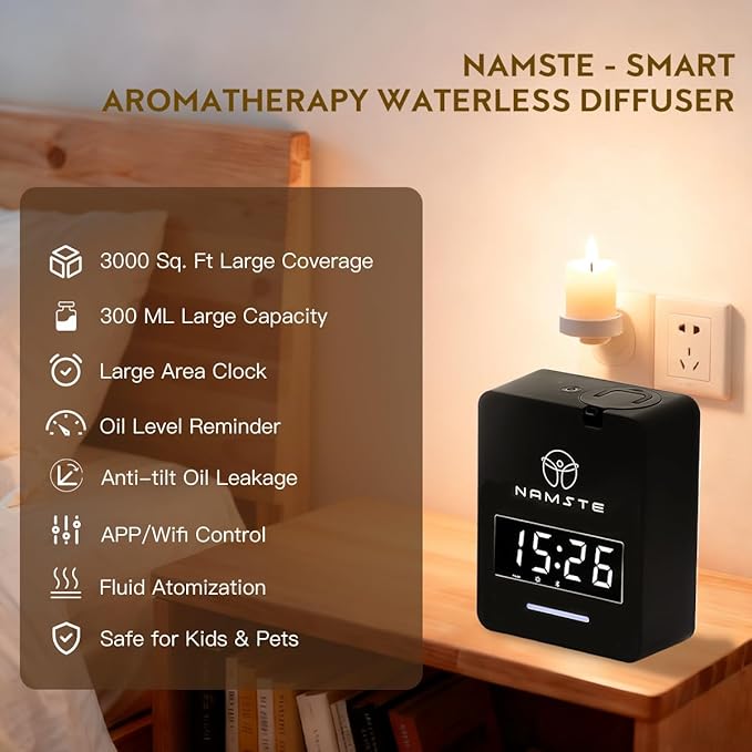 Smart Waterless Diffuser HVAC Scent Machine with Clock & Bluetooth Control 3000 Sq.Ft - Essential Oil Level Monitoring 300ML Diffusers Cold Air Tech for Large Room Home Office Aromatherapy