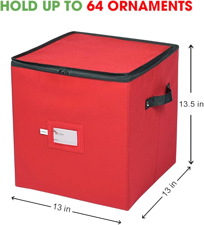 Primode Christmas Ornament Storage Box, 4 Individual Trays Xmas Storage Container, Fits 64 Ornaments Decoration Balls, Constructed of Durable Polyester Material (Red)