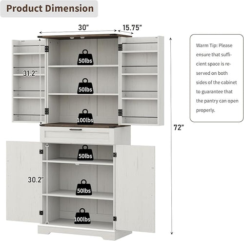 72'' Kitchen Storage Pantry Cabinet, Tall Storage Cabinet with 8 Door Shelves, 2 Cabinets and 1 Drawer, Freestanding Cupboard for Kitchen, Dining Room, Bathroom, Laundry, Off White