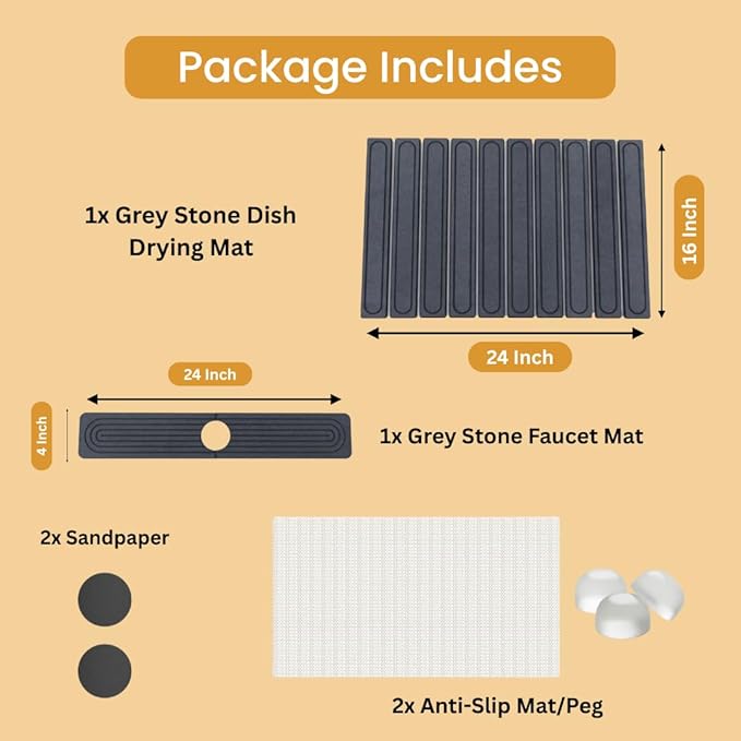 2-In-1 Stone Dish Drying Mat Set For Kitchen Counter. New Collapsiable Diatomaceous Earth Stone Drying Mat Set Includes 1-Stone Dish Drying Mat 23.6"(L)x15.3"(W) & 1-Stone Faucet Mat 23.6"(L)x4(W)