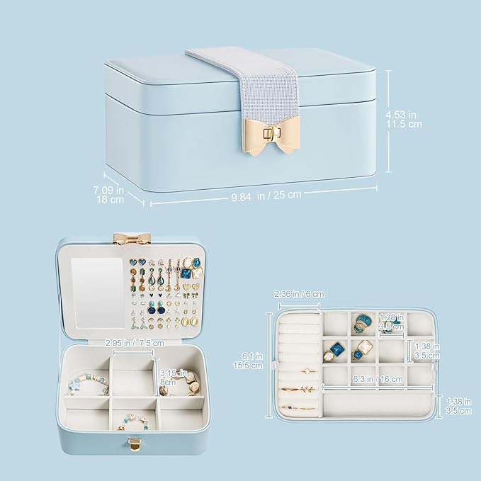 Lolalet 2 Layer Jewelry Box for Teen Girls & Young Women, Jewelry Organizer Case with Bow Clasp and Mirror for Earrings Rings Necklaces Storage, Gift Idea -Blue