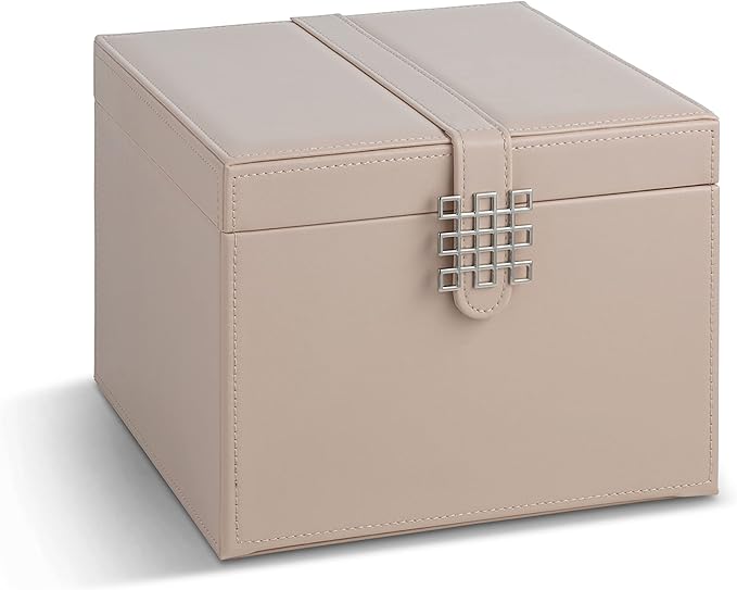 Glenor Co Earring Organizer Holder - 75 Small & 4 Large Slots Classic Jewelry Box with Drawer & Modern Closure, Mirror, 4 Trays Earrings, Ring or Chain Storage - PU Leather Case - Sand