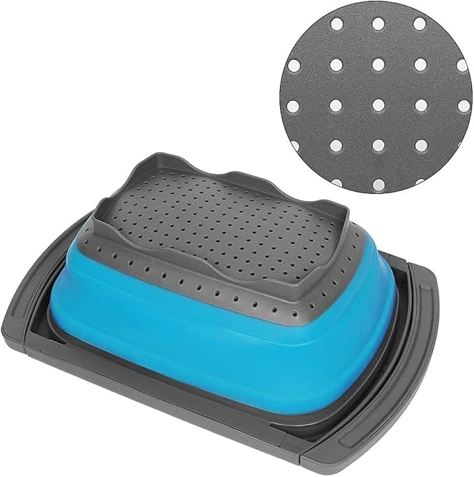 Collapsible Colander Strainer with Extendable Handles - Over the Sink Vegetable/Fruit Colanders Strainers for Kitchen, Capacity of 6 quart (Blue)