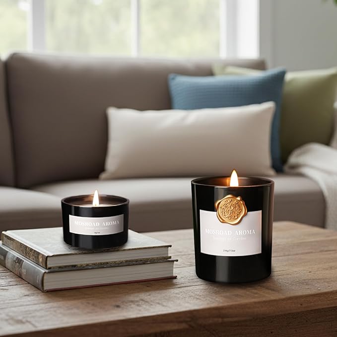 2-Pack Set Sandalwood Scented Candles for Men, Luxury Aromatherapy Candles for Home Scented, Natural Soy Fragrance Black Jar Candles, Gift for Men, Father, Husband