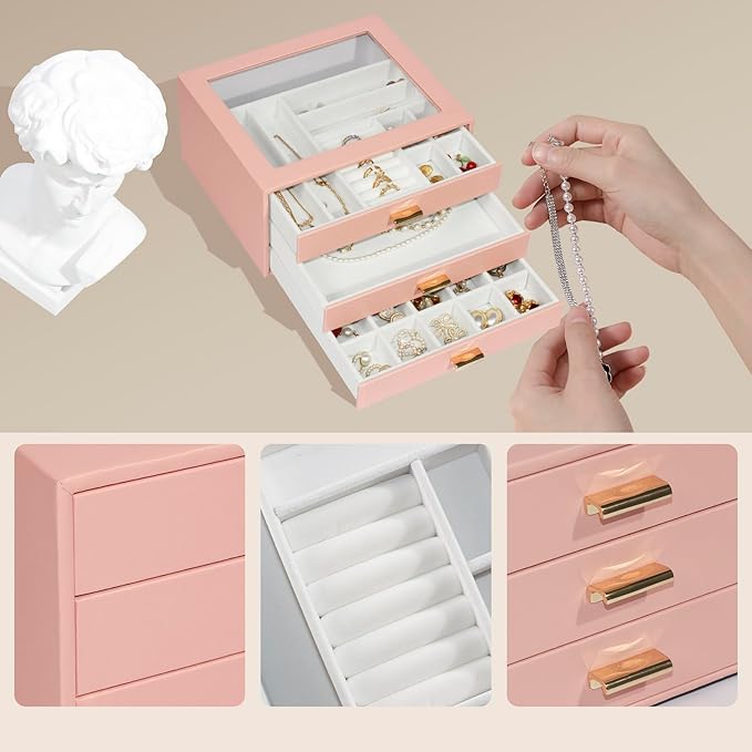 Jewelry Box Organizer with 3 Drawers,Glass Lid Jewelry Boxes for Women,Jewelry Storage for Rings,Necklaces,Earrings,Bracelets,Interesting Gift,Pink