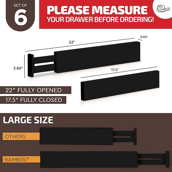 6 Pack Bamboo Drawer Dividers - 17" to 21.5" Expandable Adjustable Drawer Organizer for Kitchen Utensils, Large Drawer Divider, Clothes, Dresser, Bedroom, Bathroom, Desk Drawer Separator Set (Black)
