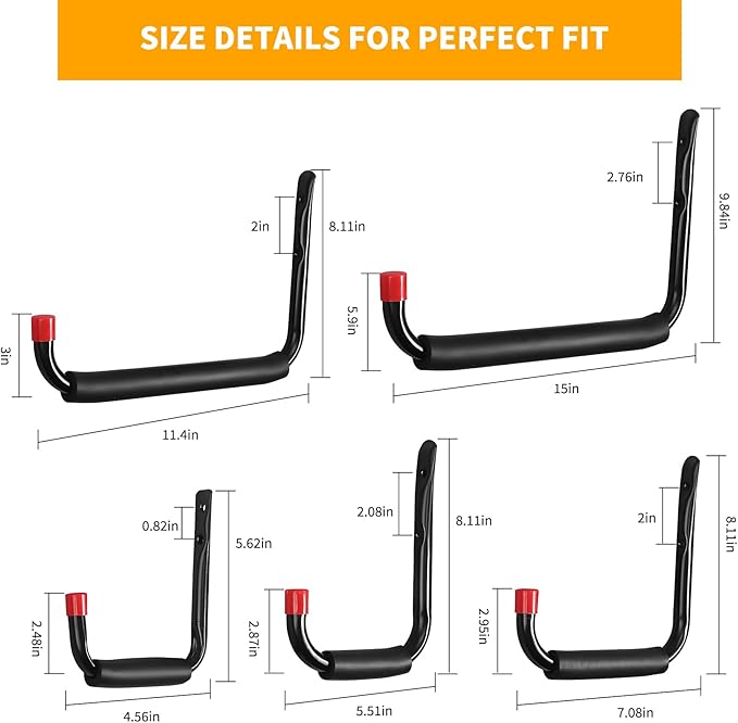 6 Pack Garage Hooks Heavy Duty, Utility Steel Hooks with EVA Foam Padding, 11.4inch Wall Mount J Organizer Hanger for Hanging Bikes Kayak Garden Tool Hose Bike Shelf