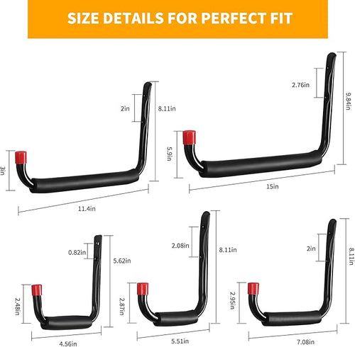 6 Pack Garage Hooks Heavy Duty, Utility Steel Hooks with EVA Foam Padding, 11.4inch Wall Mount J Organizer Hanger for Hanging Bikes Kayak Garden Tool Hose Bike Shelf