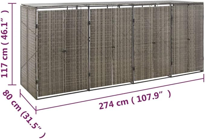 Quadruple Wheelie Bin Shed Garbage Can Storage Shed, PE Trash Container Management Unit, Outdoor Patio Recycling Dustbin Trash Shed, Gray 107.9"x31.5"x46.1" Poly Rattan -AA