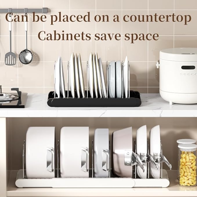 Lhieiayh Pot Rack -Expandable Pan Organizer for Cabinet,Pot Lid Holder with 7 Adjustable Compartment for Kitchen Cabinet Cookware Baking Frying Rack,Apricot