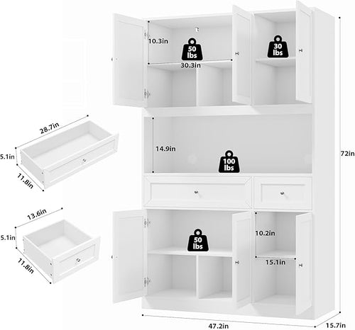 72" Kitchen Pantry Cabinet, Kitchen Hutch with Microwave Stand, Buffet Cabinet with Hutch for Dining Room, White