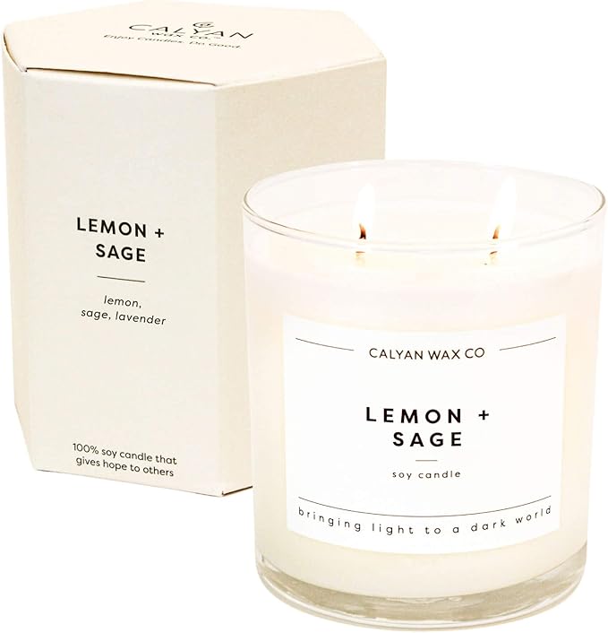 Calyan Wax Co. Lemon & Sage 2 Wick Scented Candle - 37 Hour Burn - Luxury Non Toxic Soy Wax Candles - Long Lasting Large Glass Jar Candle for Home - 8.8oz