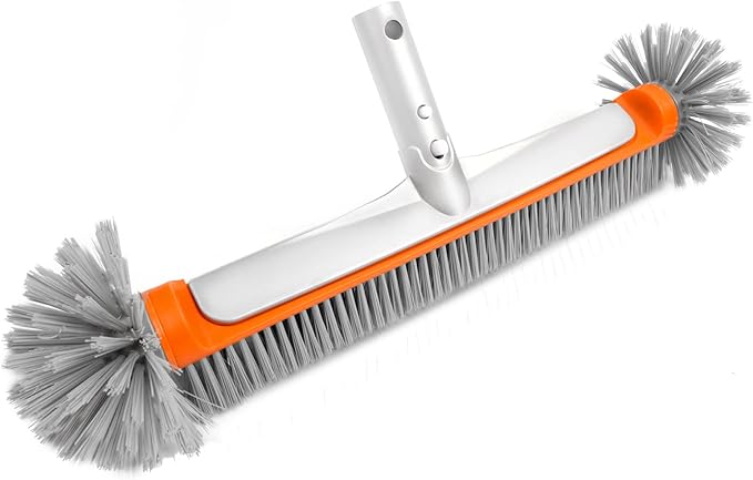 Poolvio Professional 17.5" Floor & Wall Pool Cleaning Brush with Tough Around Nylon Bristles, EZ Clip Aluminum Handle- Easily Sweep from Walls, Floors, Steps (Orange)