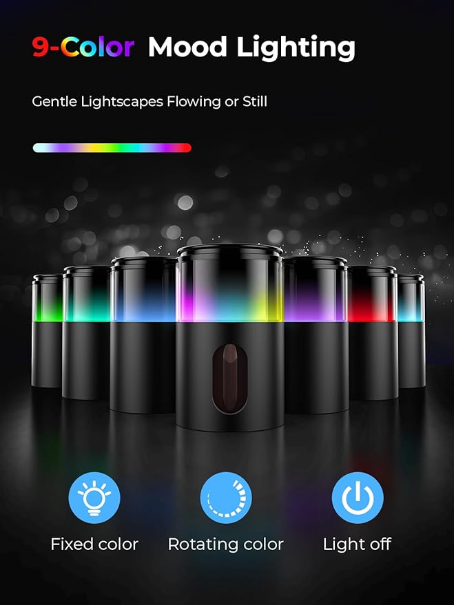 Waterless Diffuser for Essential Oil: Mini Battery Scent Diffuser for Room&Home&Car with 9 Colors LED Light - Aroma Cool Mist Machine Dark Black