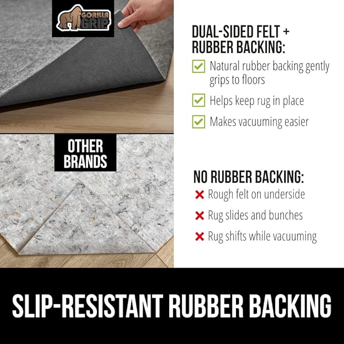 GORILLA GRIP Felt and Natural Rubber Stay in Place Slip Resistant Rug Pad, 1/4in Thick, 8x11 FT Protective Padding Under Area Rugs, Cushioned Gripper Pads, Carpet Runners, Hardwood Floors Protection