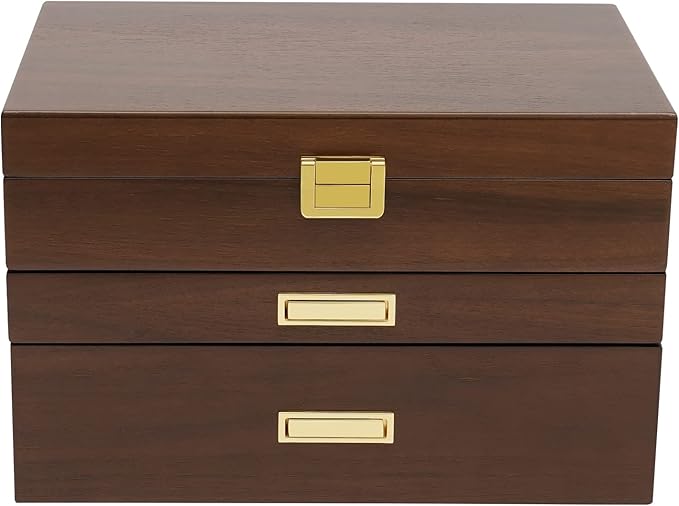 Wooden Jewelry Box for Women, 3 Layers Large Wooden Jewelry Organizer Box Watches Necklace Ring Storage Box for Women (Walnut 3 Layer)