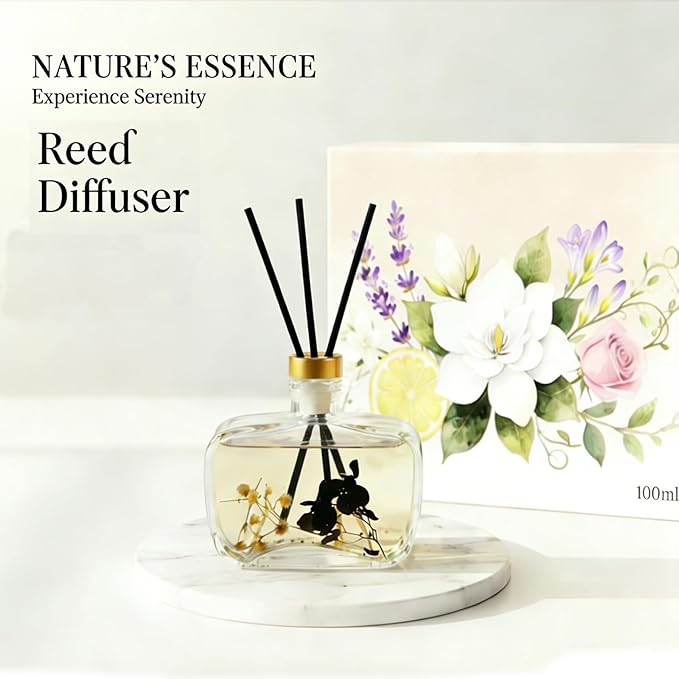 Reed Diffuser, Lavender Scented No Flame Air Freshener for Home, 100ml Long-Lasting Essential Oil Diffuser with Natural Reed Sticks Jasmine, Safe for Bedroom, Office, Bathroom