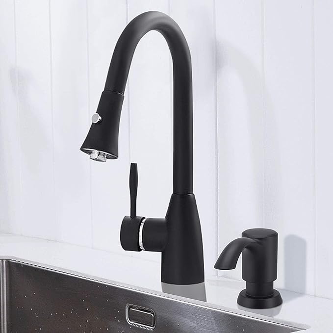 SAMODRA Built in Kitchen Sink Soap Dispenser (Matte Black) with 12 oz Large PET Lotion Bottle, Refill from Top