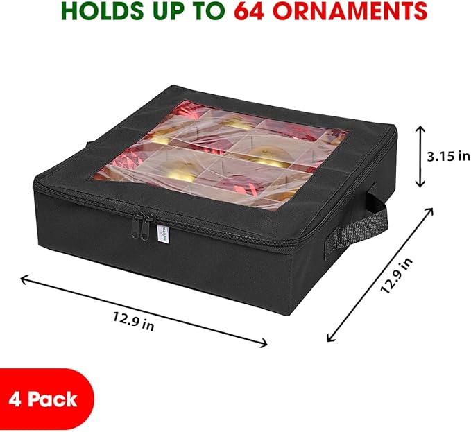ProPik 4 Pcs Christmas Ornament Storage Boxes with Dividers | 4 Individual Trays Hold 64 Holiday Decoration Balls | Durable Ornaments Organizer Storage Box | Zippered Closure with Handles (Black)
