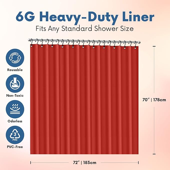 Premium Shower Curtain Liner, 72"W X 72"H - PVC-Free, 6G PEVA Shower Curtain with 12 Rust Proof Grommets And Magnet-weighted Bottom Hem - Moisture Stain Proof Shower Curtain Liner - RED