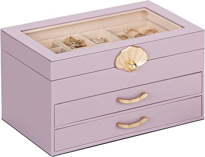 Jewelry Box with 2 Drawers: Jewelry Display Organizer for Earrings Necklaces - Gifts for Girls Women (Grey Purple)
