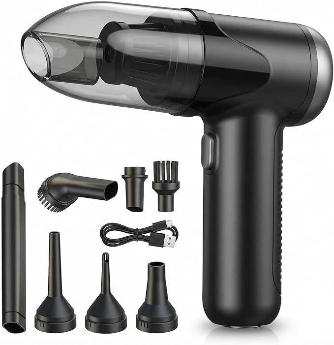 TEZILON Handheld Car Vacuum Cordless Small Portable High Power Mini Vacuum Cleaner, HEPA Filter Rechargeable 3 in 1 Dust Buster/Air Blower/Inflator, 7 Tools for Pet Hair/Keyboard/Snow Debris/Sofa/Car