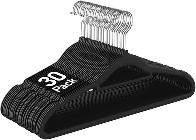 Velvet Hangers 30 Pack Felt Hangers Ultra Thin Non Slip Suit Adult Clothes Hangers 360° Swivel Hook Hanger Velvet Shoulder Notches for Closet Space Saving (Black Velvet)