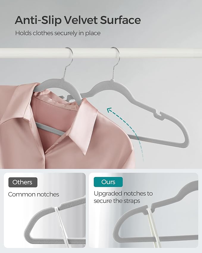 SONGMICS Velvet Hangers 50 Pack, Non-Slip Clothes Hangers, Suit Hangers with Shoulder Notches, Pants Bar, 360° Swivel Hook, Space-Saving, for Closet, Dove Gray UCRF029G50