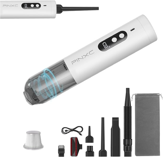 PINXC Mini Vacuum Cleaner Cordless 15000PA High Power,Handheld Car Vacuum, 5 in 1 Portable Vacuum for Car, Home & Pet Hair, Type-C Rechargeable, LED Display,Up to 30 Mins Runtime, Multi-Nozzles