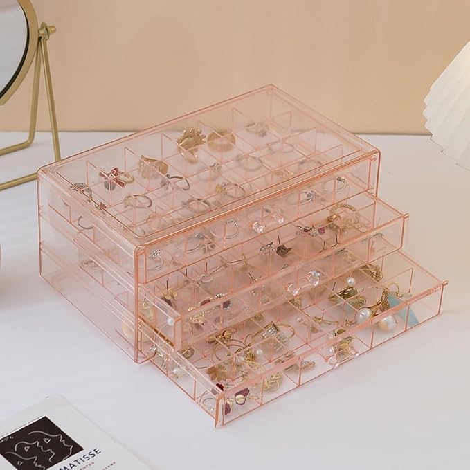 Earring Organizer Box Acrylic Stackable Jewelry Organizer with 3 Drawers 72 Small Compartments Clear Jewelry Display Stand for Stud Earring Ring Pin Display (Pink)
