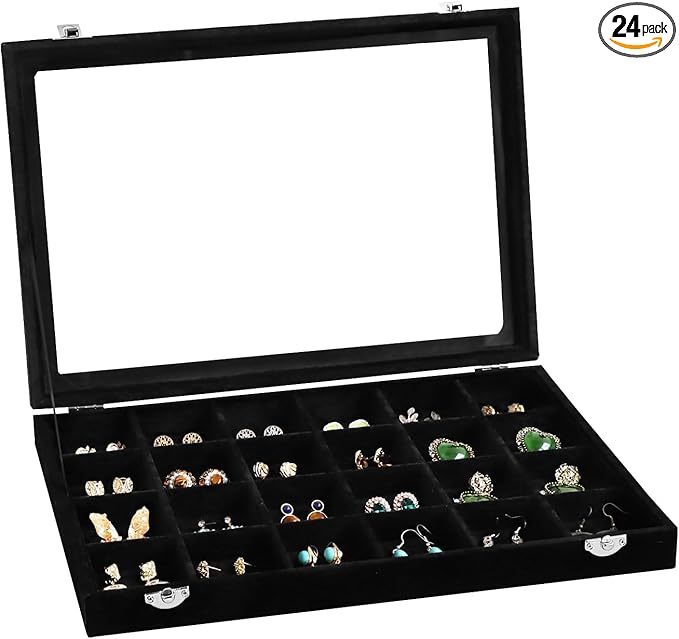 Wudygirl Jewelry Organizer 24 Grid Jewelry Tray with Clear Lid Velvet Jewelry Box Earrings Holder Organizer Jewelry Display Case (Black 24 Grid)
