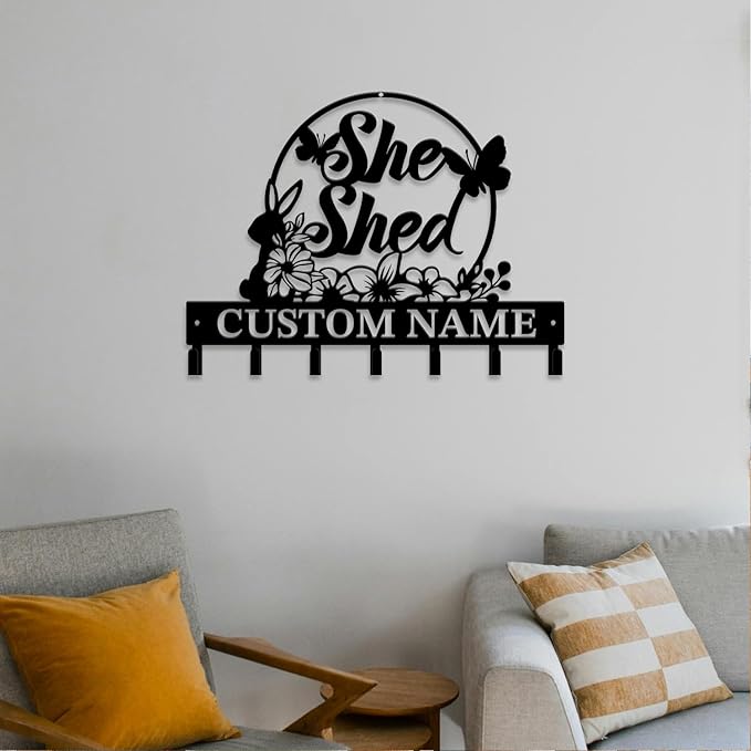 Personalized She Shed Metal Keys Hooks,Custom Name Metal She Shed Keys Hooks,Black Metal She Shed Wall Home Storage Decorative Keys Hooks,Key Holder Hooks for Wall (Style I)