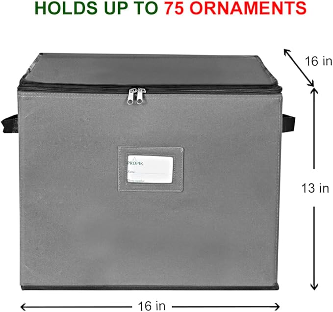 ProPik Holiday Ornament Storage Box Organizer Chest, With 3 Trays Holds Up to 75 Ornaments Balls, With Dividers To Organize (Grey)