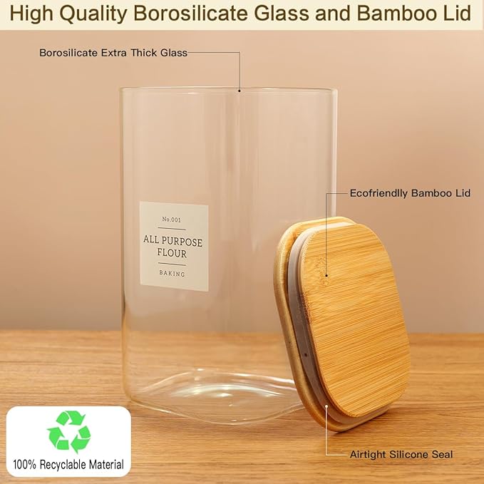 HHMJSM Large glass flour and sugar containers with 132 Kitchen Pantry Labels - 1 Gallon Glass Food Storage Containers with Airtight Lids - Square Glass Jars Rice with Bamboo Lids