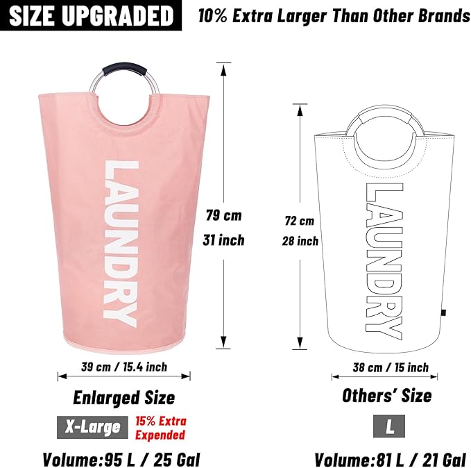 Caroeas 95L Pro Large Laundry Basket (13 Colors), Waterproof Laundry Hamper, Laundry Bag with Padded Handles, Clothes Hamper Stands Up Well, Collapsible Laundry Basket Easy Storage (Pink)