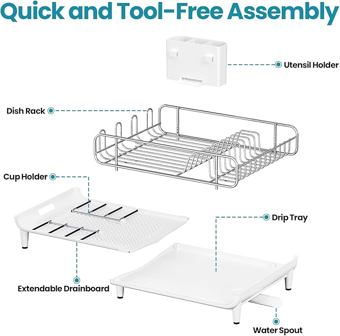 TOOLF Expandable Dish Rack, Dish Drying Rack for Kitchen Counter, Foldable Dish Dryer Rack, Stainless Steel Dish Drainer Racks with Cutlery Holder, Collapsible Dish Drying Racks Large Size, White
