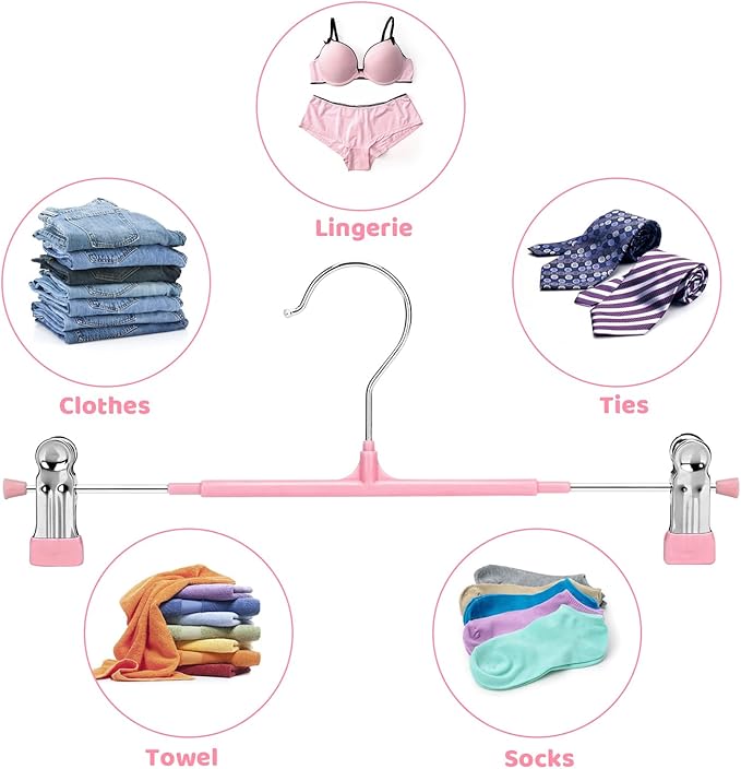 POZEAN Pants Hangers with Clips 30Pack, 12Inch Adjustable Skirt Hangers for Women, Space Saving Non-Slip Hangers for Shorts, Jeans, Coat, Kids' Clothes (Pink, 30Pack)