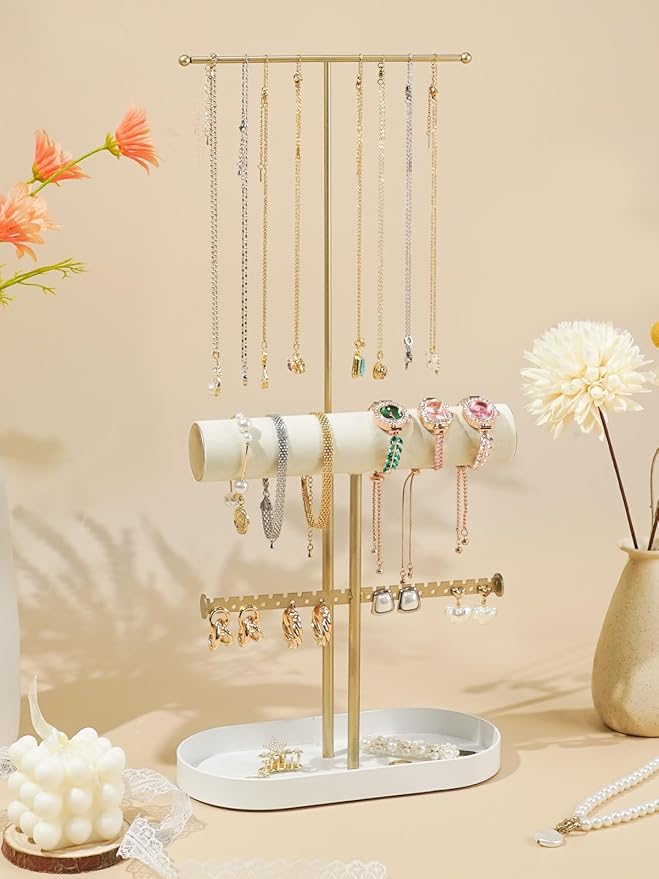 Jenseits 2-Tier Gold Jewelry Organizer Stand with Ring Holder & Tray – Elegant Jewelry Holder Display for Necklaces, Bracelets, Earrings, Rings, and Watches – Perfect Storage Rack & Gift for Women