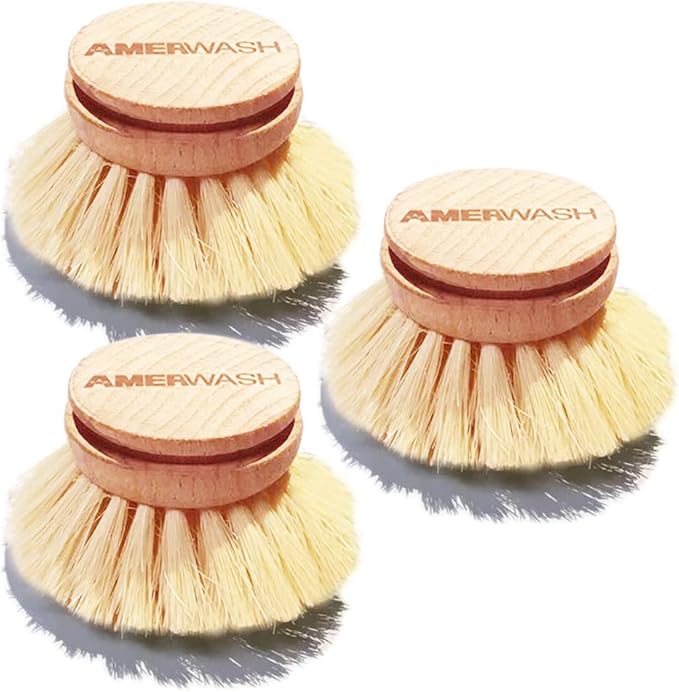 AMERWASH PLUS Classic Dish Brush Replacement Head 3 Packs, Natural Bristle Tampico Fiber for All Purpose Cleaning, Kitchen Scrubber