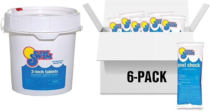 In The Swim Chlorine and Shock Bundle for Sanitizing Swimming Pools – Includes 5 Pound Bucket of 3 Inch Stabilized Chlorine Tablets and 6 x 1 Pound Bags of 68% Cal-Hypo Pool Shock