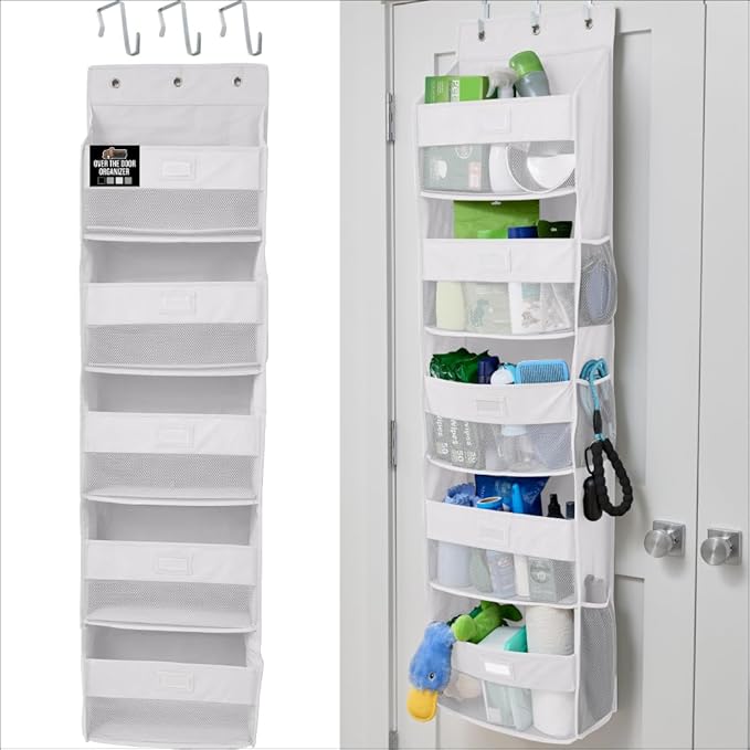 GORILLA GRIP Large Capacity Closet Organizer, 5 Deep Shelves, Holds 50lbs, Over the Door Organizers 6 Mesh Pockets, Shelf Storage for Clothes Crafts Dorm Essentials, 3 Metal Hooks, 58x15 Inches, White