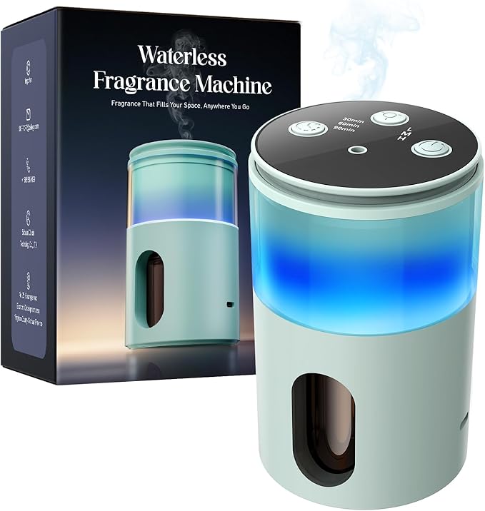 Waterless Diffuser for Essential Oil: Mini Battery Scent Diffuser for Room&Home&Car with 9 Colors LED Light - Aroma Cool Mist Machine Light Cyan