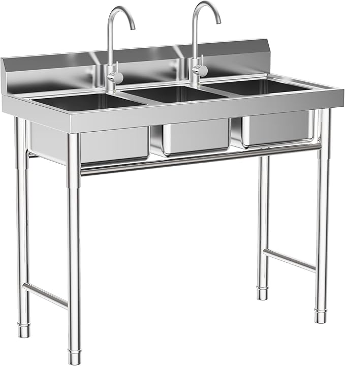 3-Basin Commercial Dishwashing Sink, 4Gal Stainless Steel Utility Sink, Heavy Duty Washing Station Food Prep Table for Restaurant Kitchen Laundry Canteen Bar